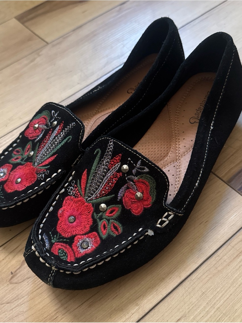 Otella Black Suede Red Floral Embroidered Slip-On Loafers